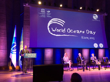 Mr. Serpa Soares delivers the World Oceans Day 2015 message of the Secretary-General at a ceremony at UNESCO Headquarters in Paris in the presence of H.E. Mr. Laurent Fabius, Minister of Foreign Affairs of the French Republic, Ms. Irinia Bokova, Director-General of UNESCO, and H.E. Ms. Lisa Emelia Svensson, Ambassador for the Ocean, Seas and Freshwater of Sweden