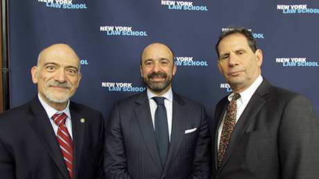 Mr. Serpa Soares (centre), with Mr. William LaPiana (left), Associate Dean, New York Law School and Mr. Lloyd Bonfield, Professor of Law, and Director, Center for International Law, New York Law School.